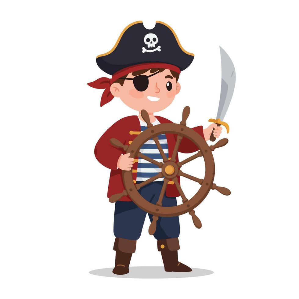 Pirate character holding a ships wheel in flat art style vector