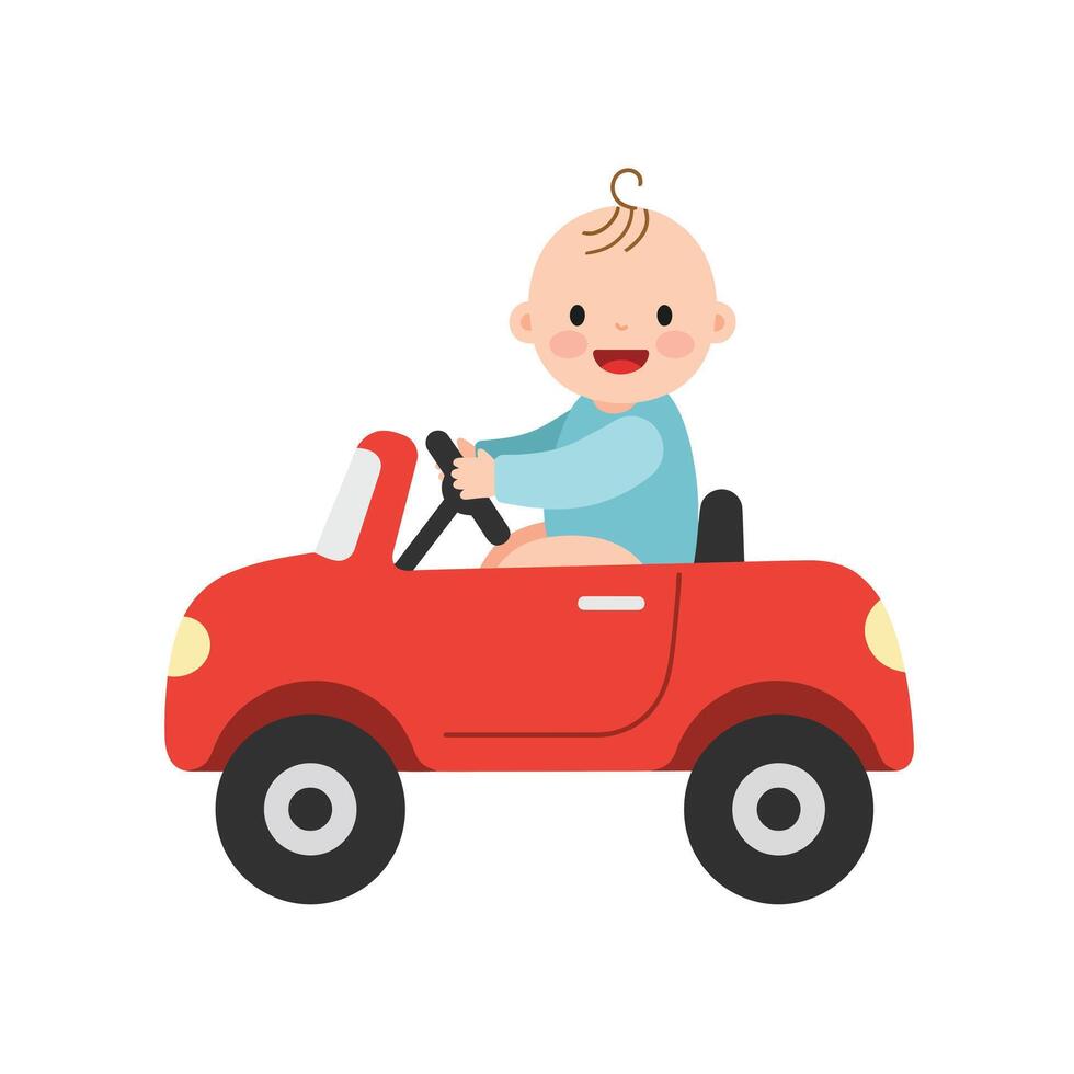 Baby driving a red toy car in flat illustration style vector