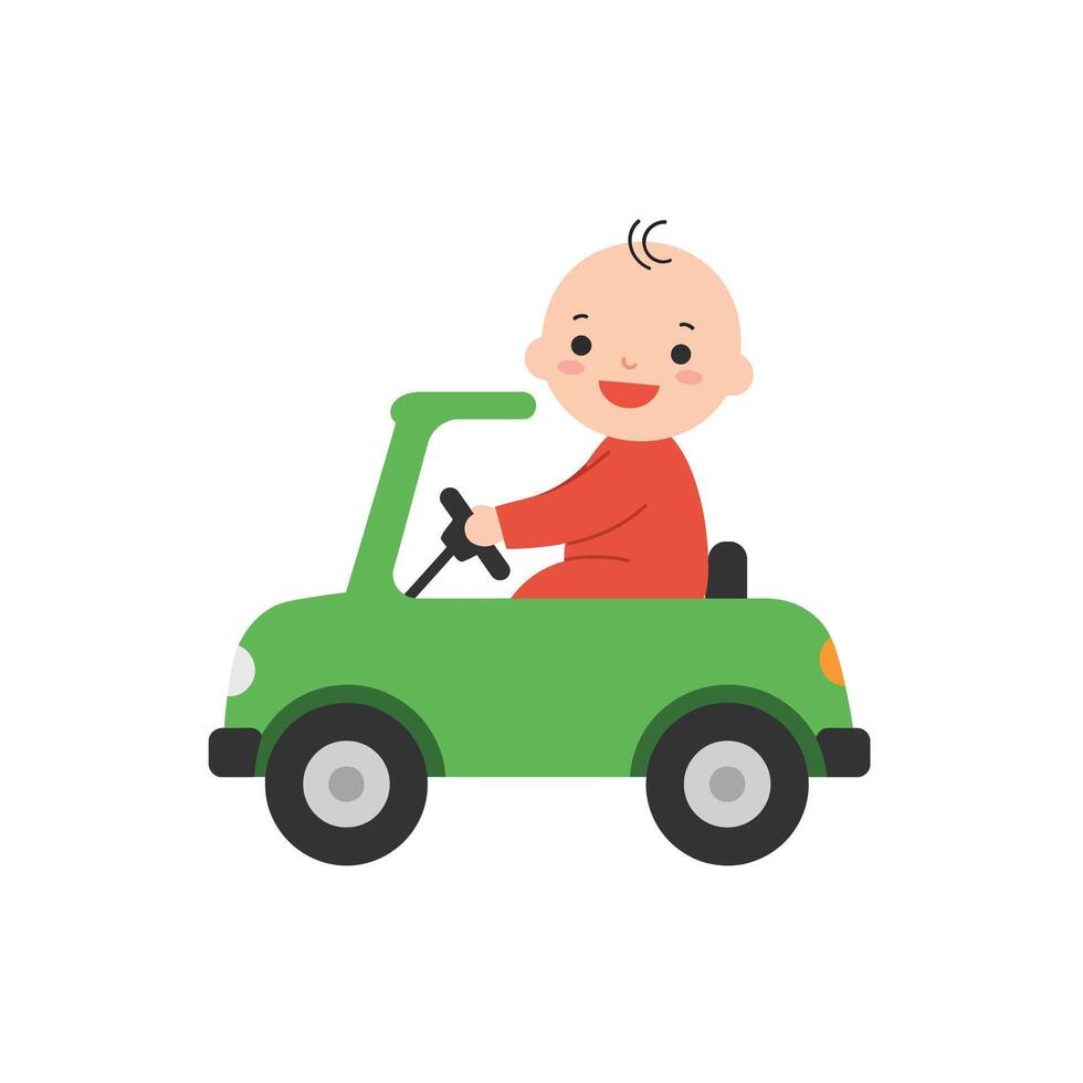 Happy baby driving a green toy car in flat art style vector