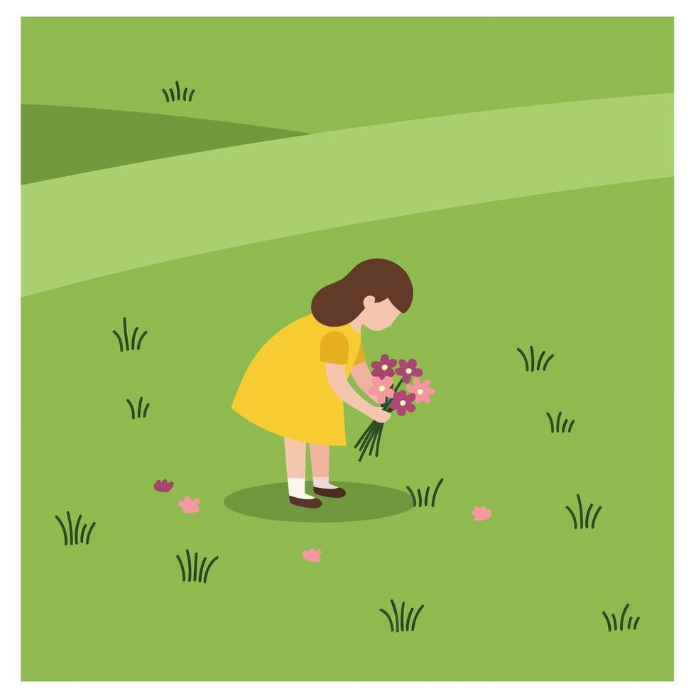 Girl in yellow dress picking flowers in a flat, colorful, cheerful illustration vector