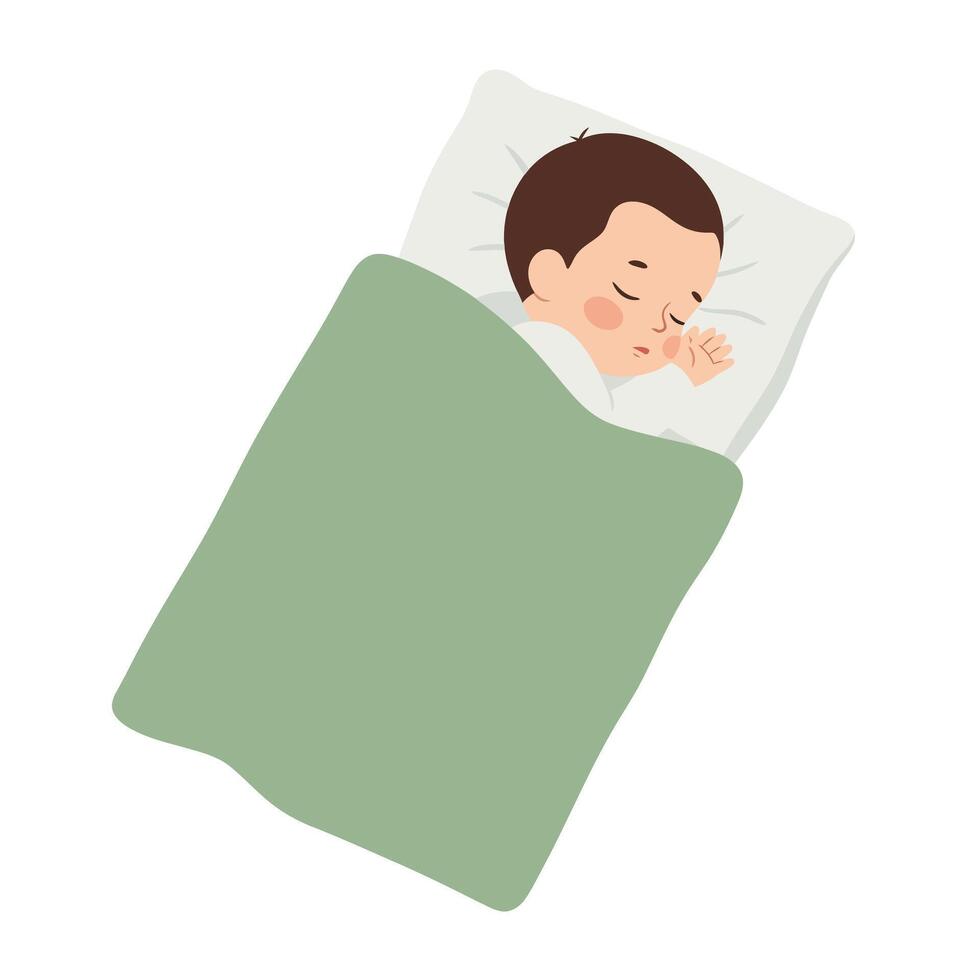 Sleeping child under green blanket in flat art style illustration vector