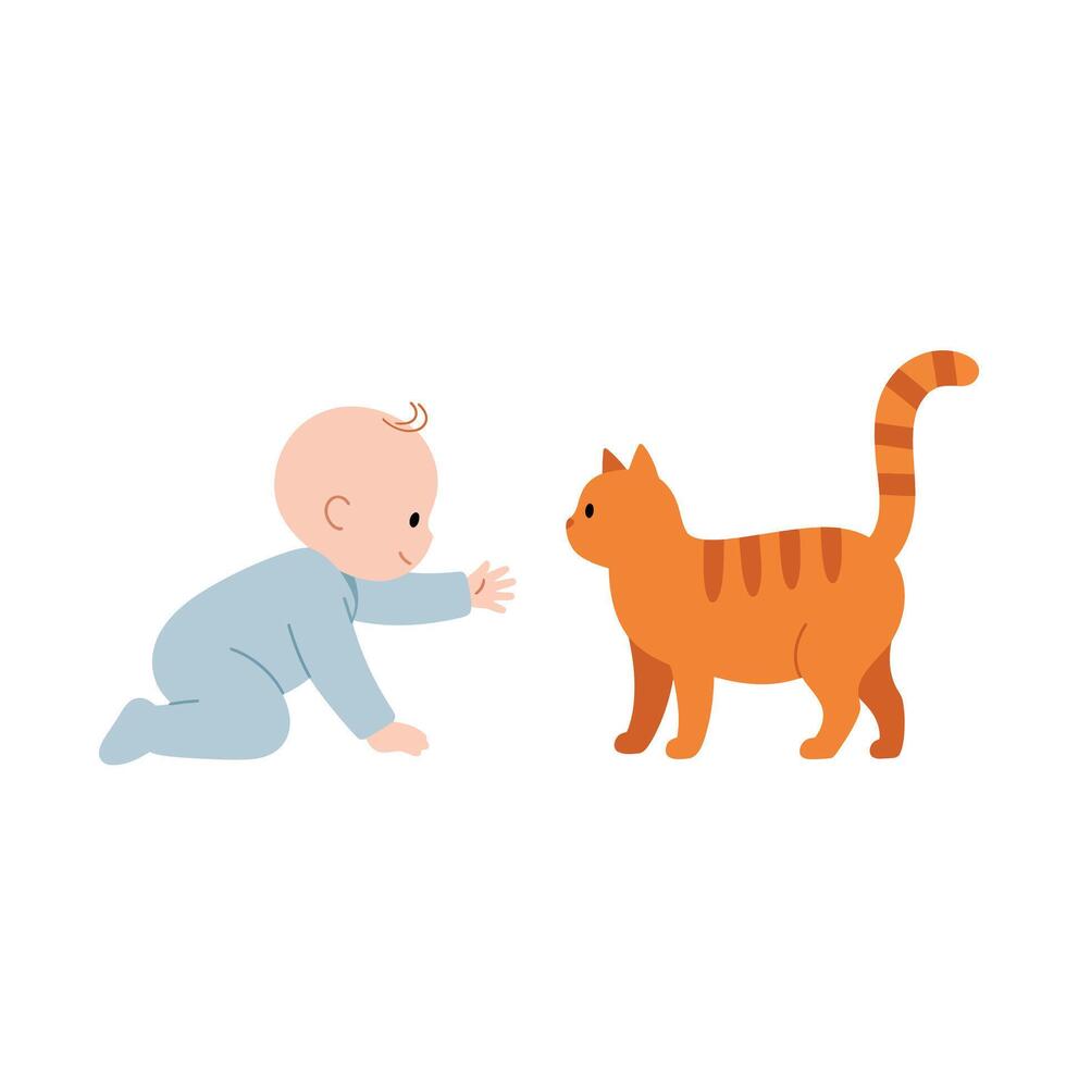 Baby crawling towards a curious orange cat in flat art vector