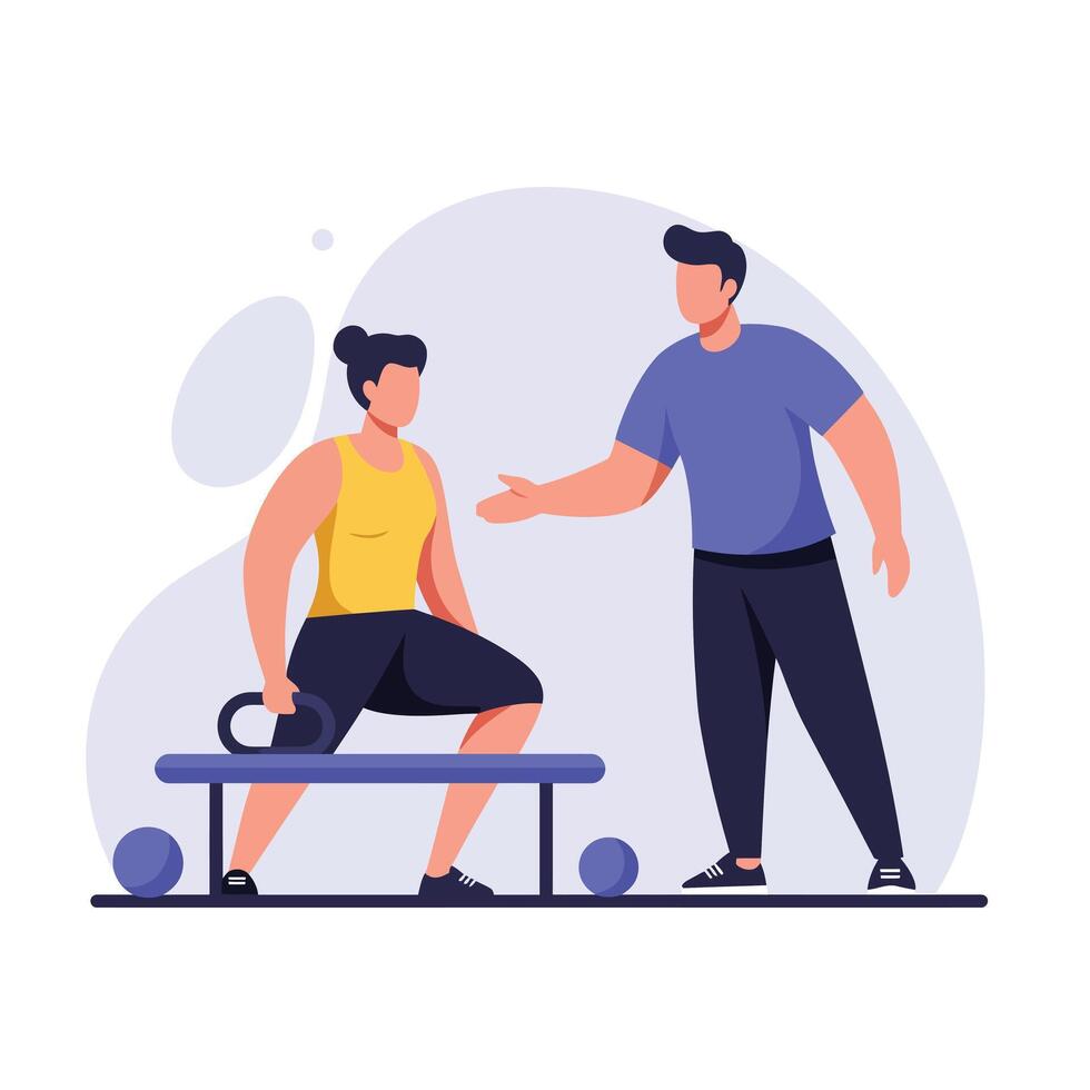 Fitness training session with coach and client in flat art vector
