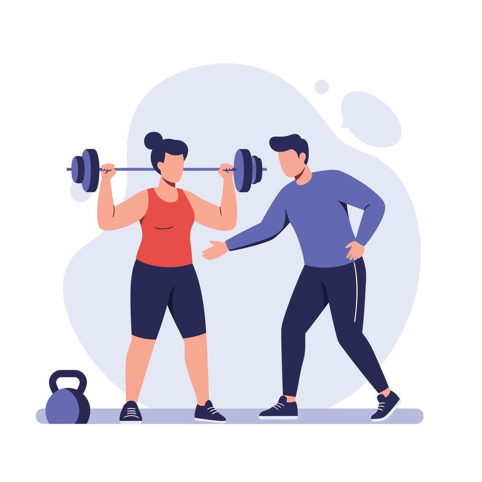 Woman lifting weights with trainer in flat and minimal style art vector