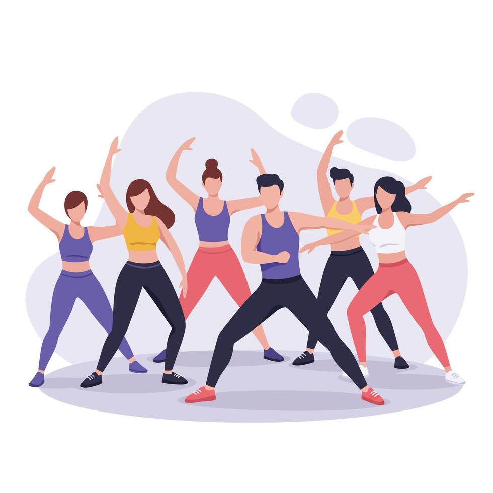Group of six dancers performing energetic moves in flat art vector