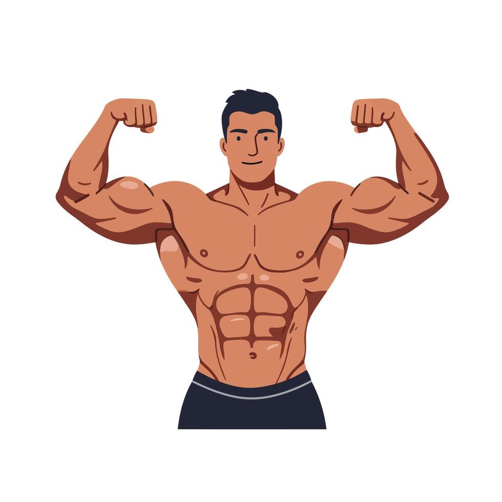 Muscular man flexing in flat design style showcasing strength and fitness art vector