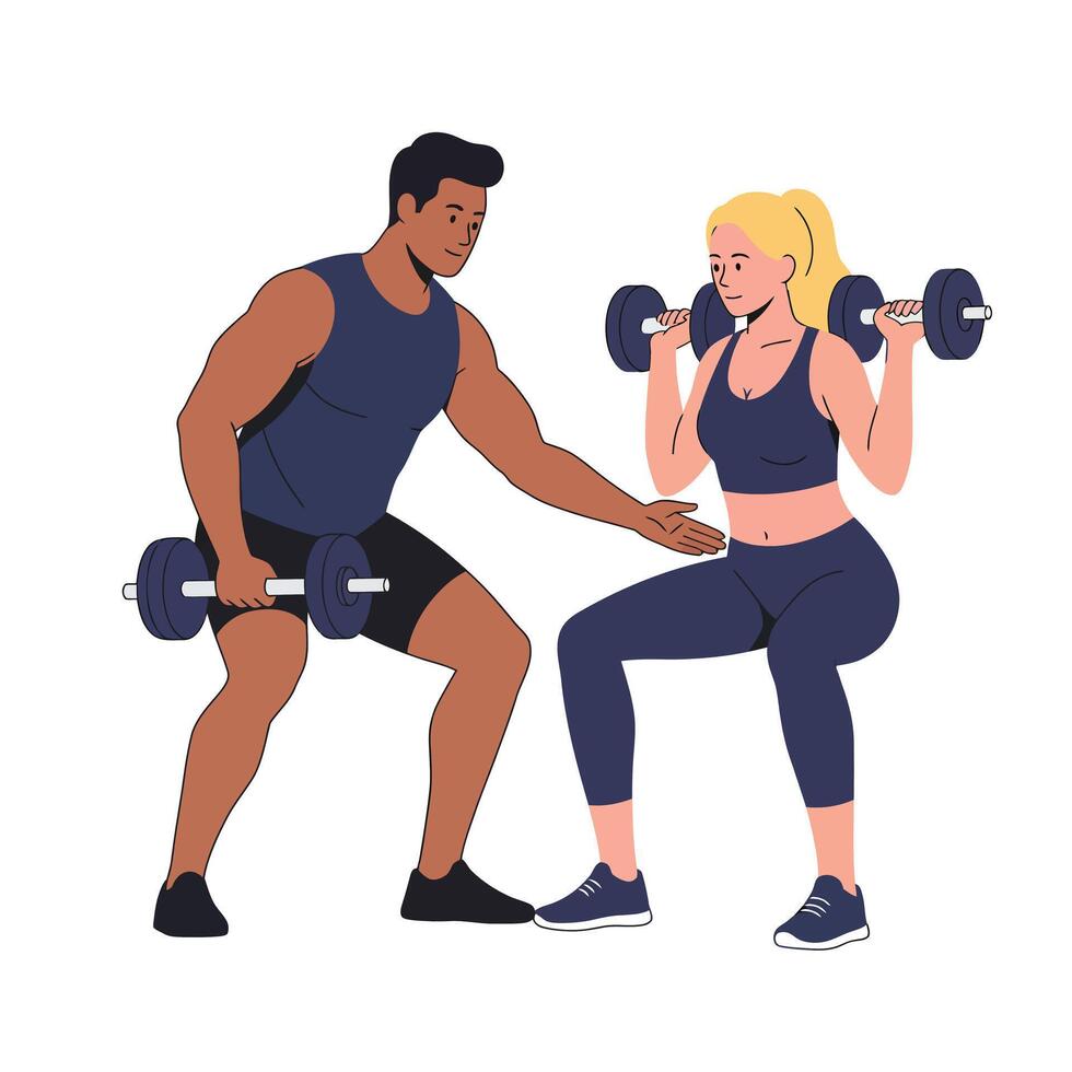 Fitness training session with a man guiding a woman in flat art vector