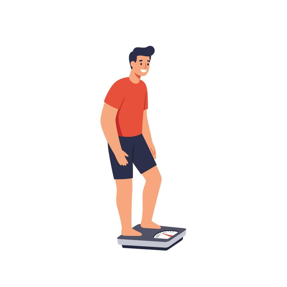 Person standing on scale in casual outfit with flat design style art vector