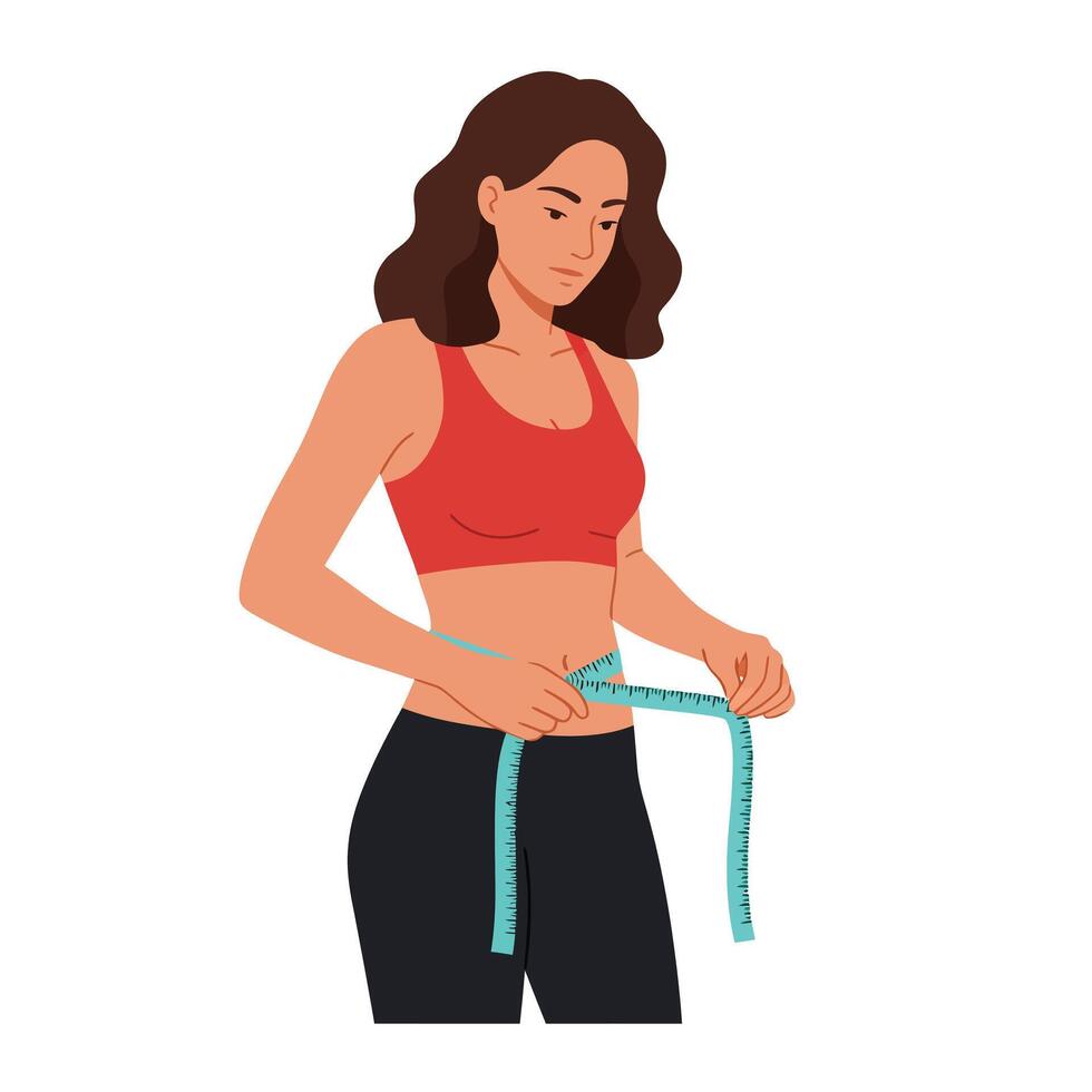 Woman measuring waist size in active wear, flat design style illustration vector