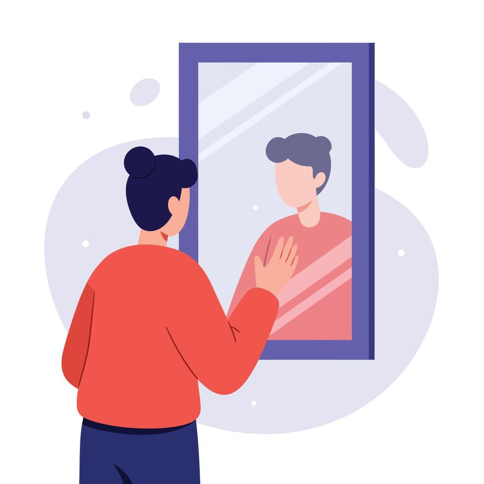 Person gazing into a mirror with reflection change in flat art vector