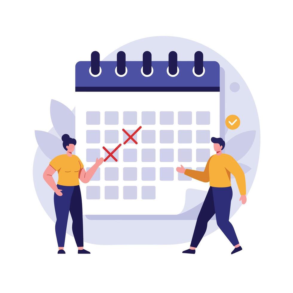 Calendar planning scene with characters discussing changes in flat art vector