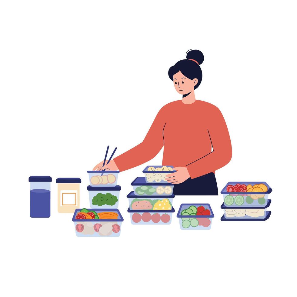 Woman organizing healthy meal prep in flat art style for efficient cooking vector