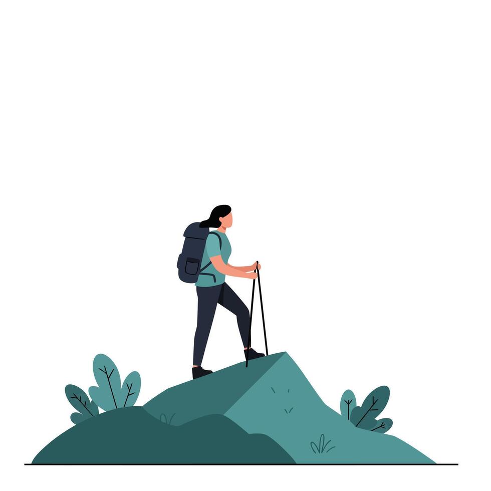Hiker on a Mountain Peak in Minimal Flat Design Art vector