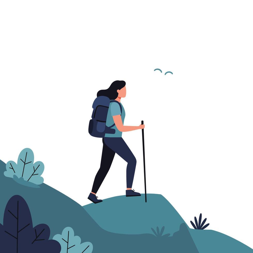 Hiker ascending a hill with backpack in minimal flat art vector