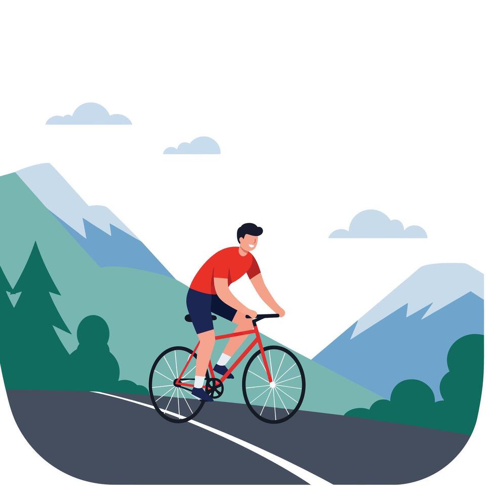 Bicyclist Riding on Scenic Mountain Road in Flat Art Style Illustration vector
