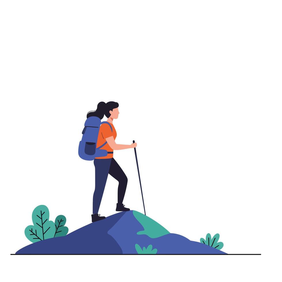 Hiker ascending a hill with backpack in flat art style vector