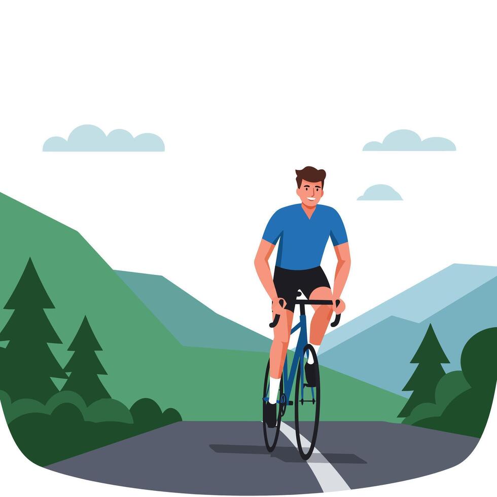 Cyclist riding along a scenic mountain road in flat art vector