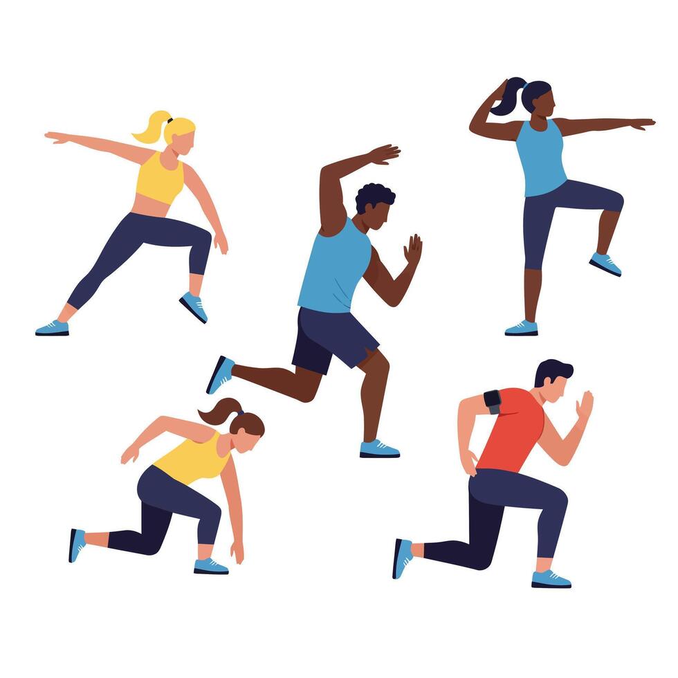 Five dynamic runners in motion showcasing flat design art vector