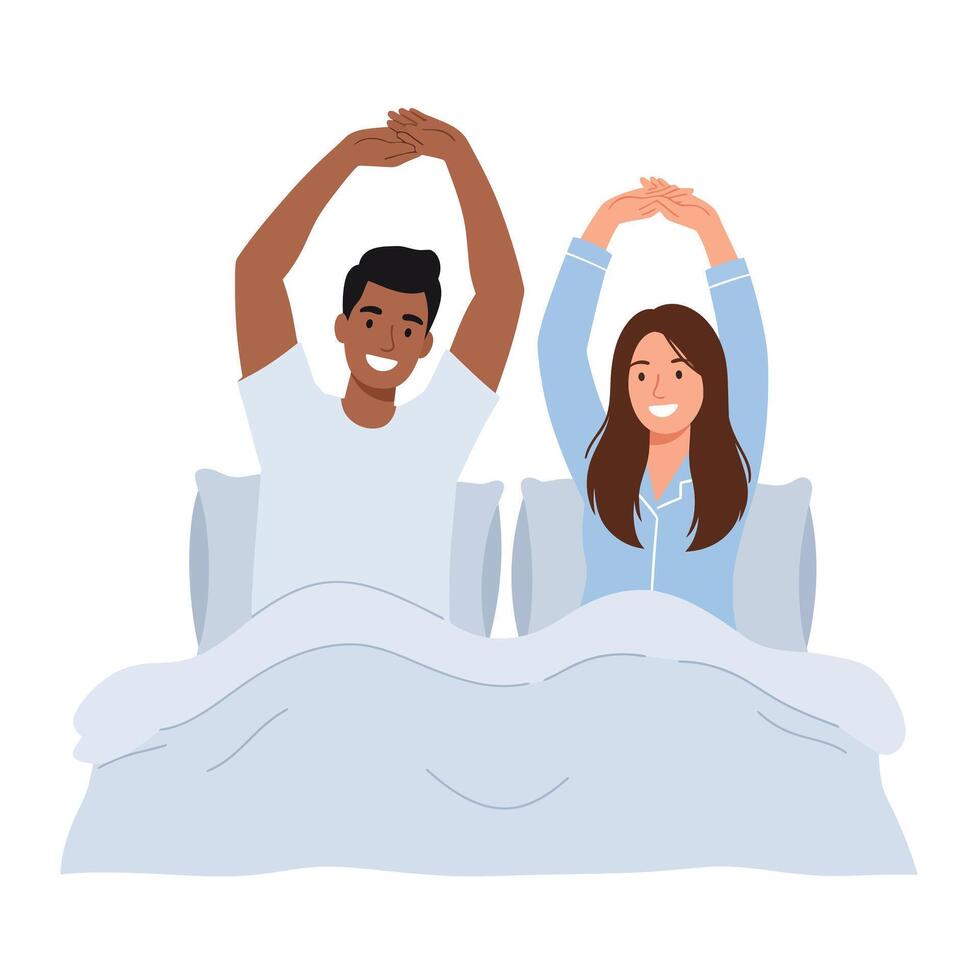 Couple stretching in bed with cheerful expressions in flat art vector