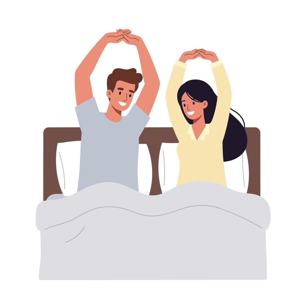 Happy couple stretching in bed with minimal design style art vector