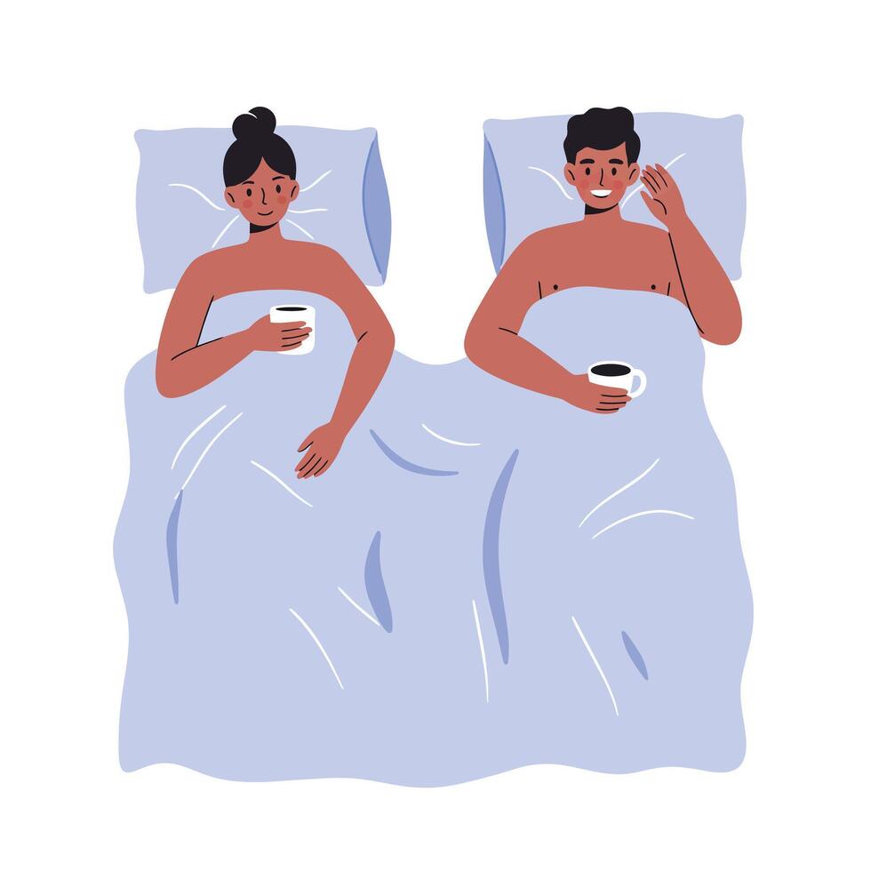 Couple in bed enjoying coffee in flat design art vector