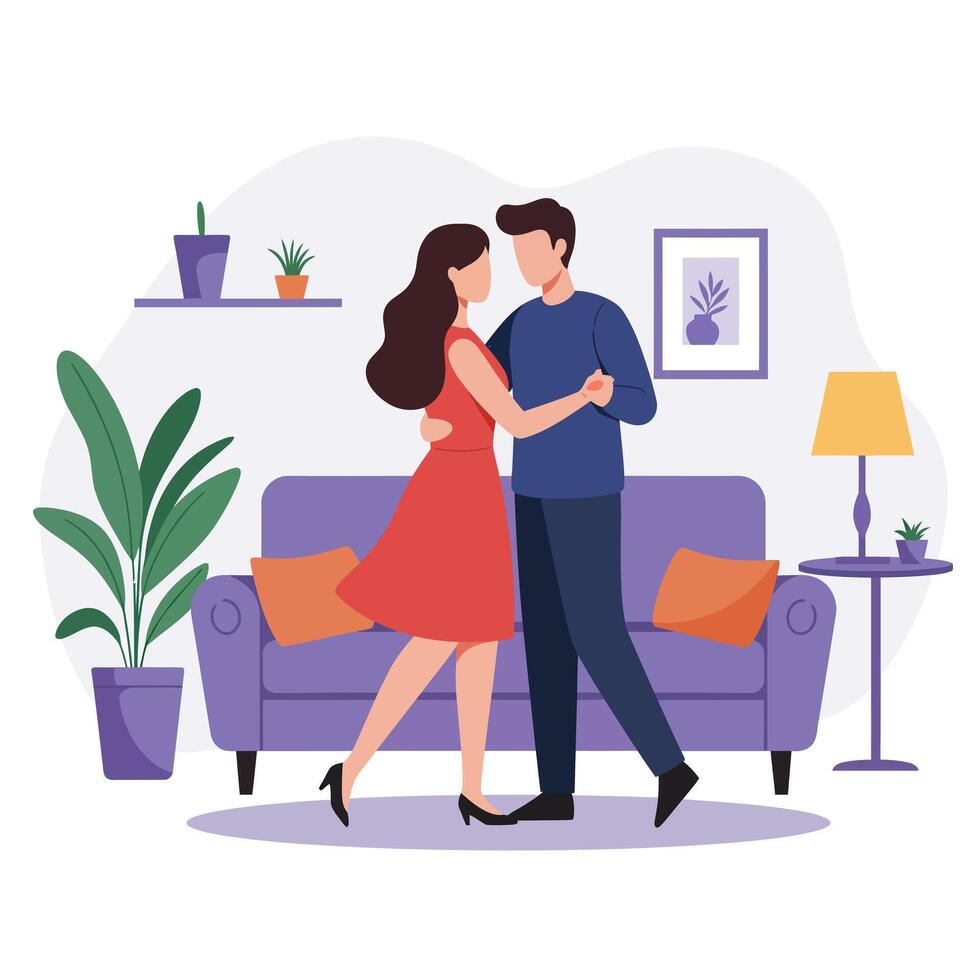 Couple Dancing in Living Room with Flat Design Style Illustration vector