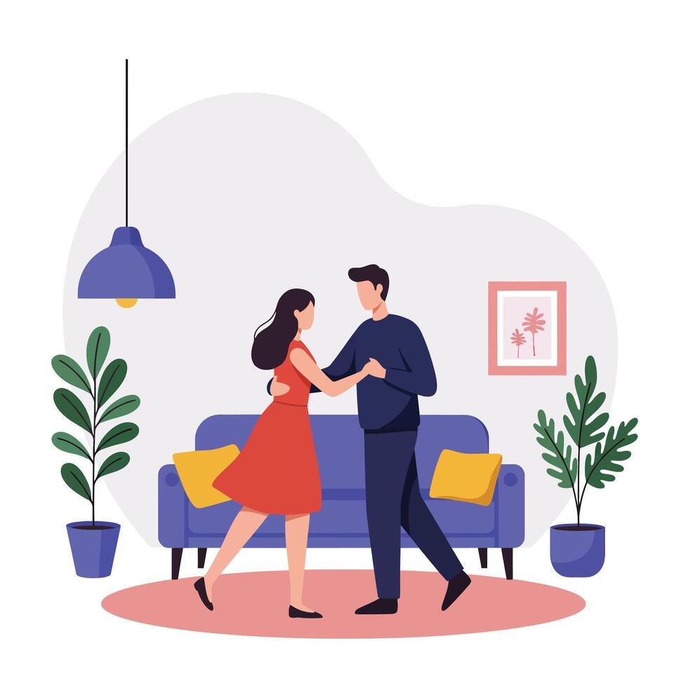 Couple dancing in living room with plants in flat art vector