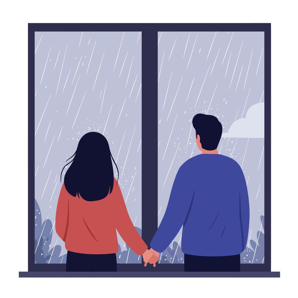 Couple Holding Hands by Window with Rain in Flat Illustration vector