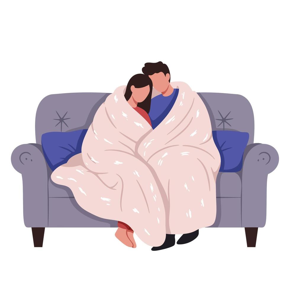 Cozy couple wrapped in blanket on couch, flat illustration vector
