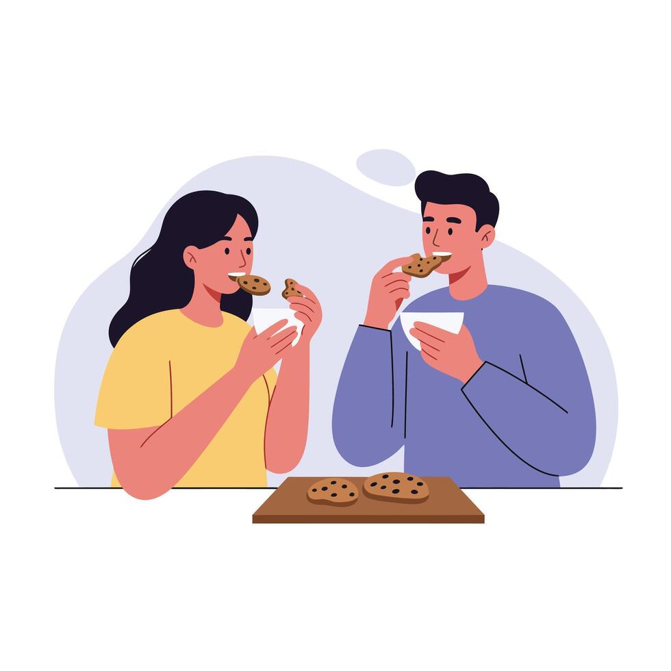 Two friends sharing cookies in a flat design style art vector