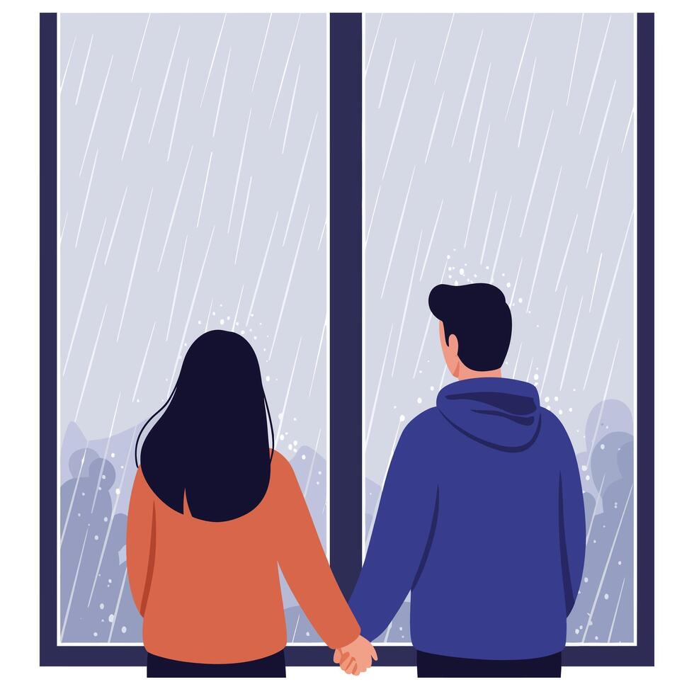 Couple holding hands by the window during rain in flat art vector