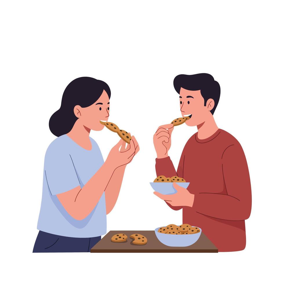 Couple enjoying cookies together in flat and minimal art vector