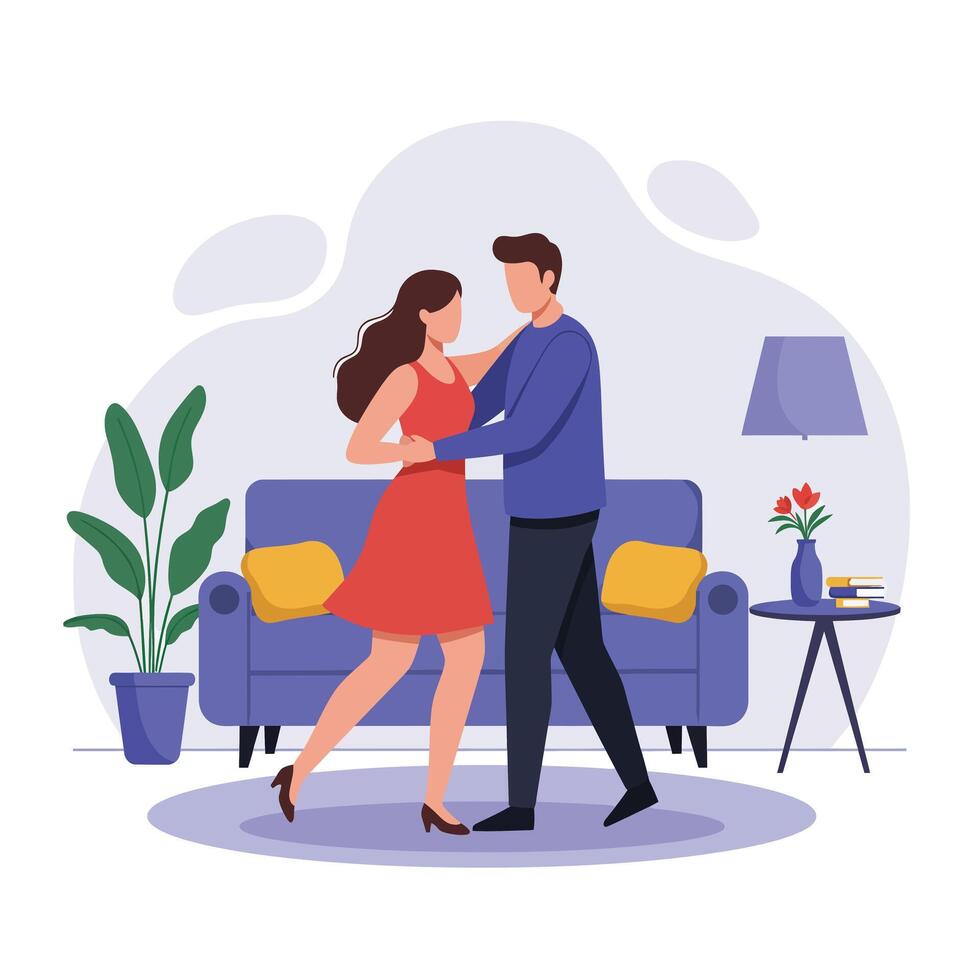 Couple dancing together in cozy living room flat art vector