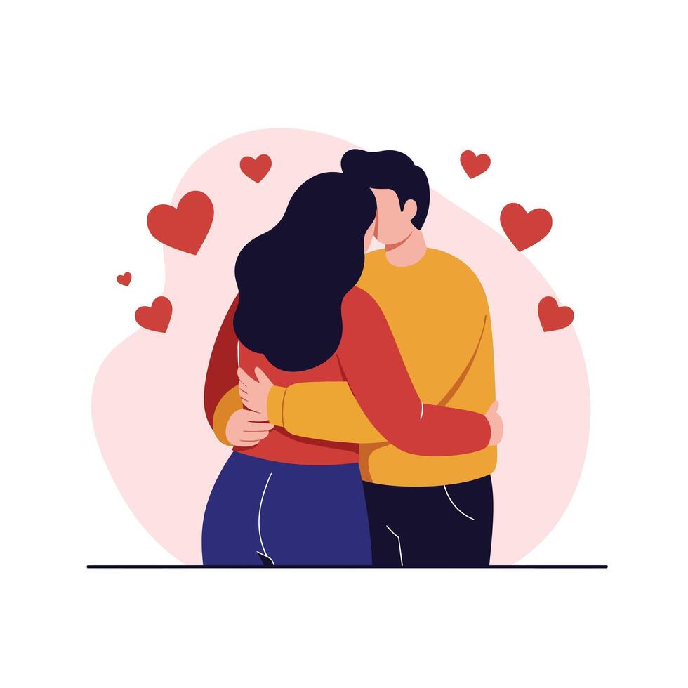 Couple embracing in love surrounded by hearts in flat illustration vector