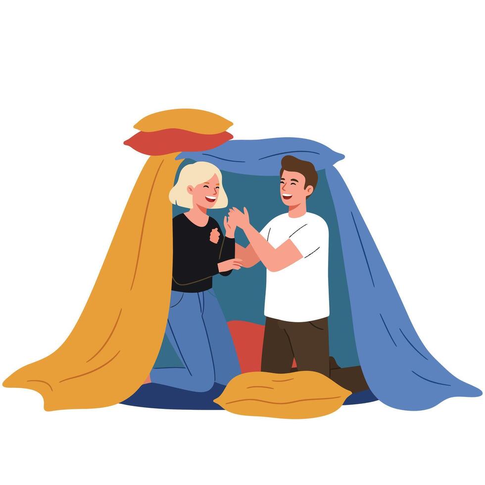 Cozy indoor fort creation with playful interaction in flat art vector