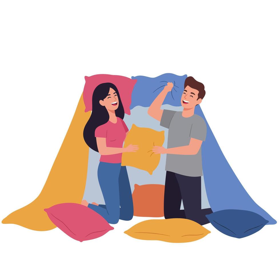Happy couple building a cozy blanket fort in a flat illustration vector