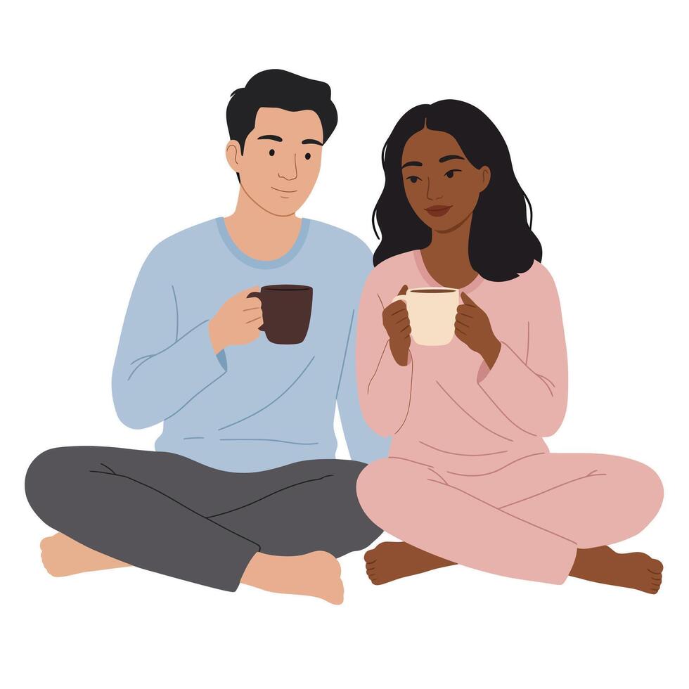 Cozy couple enjoying drinks in casual attire, minimal style art vector