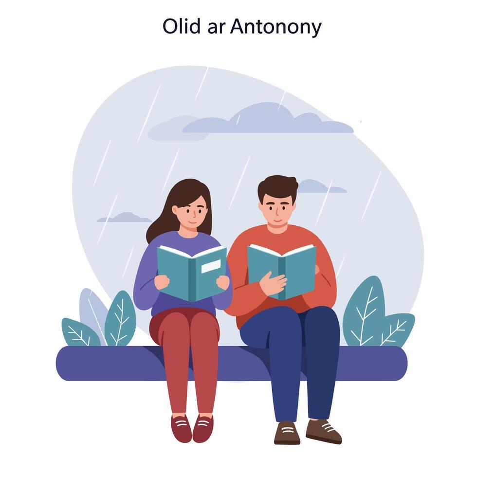 Two People Reading Books Under Rainy Clouds in Minimal Style Illustration vector