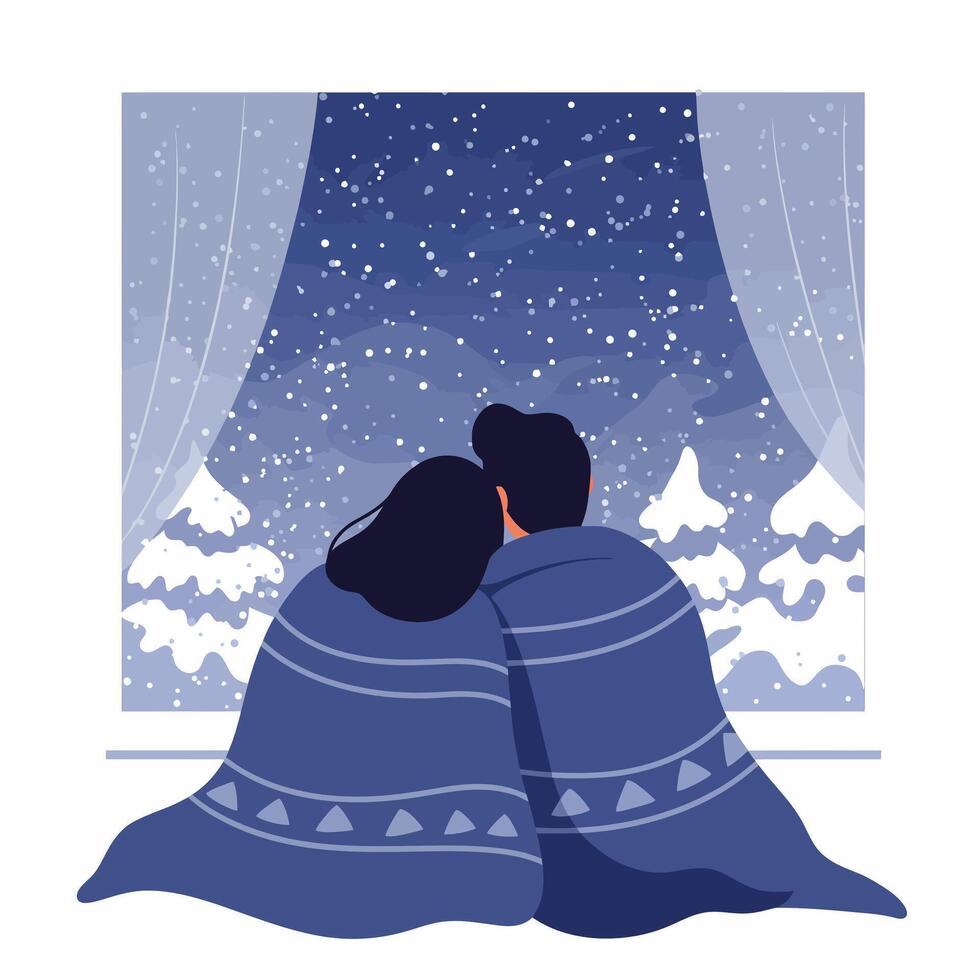 Cozy couple under blanket watching snow fall through window in flat art vector