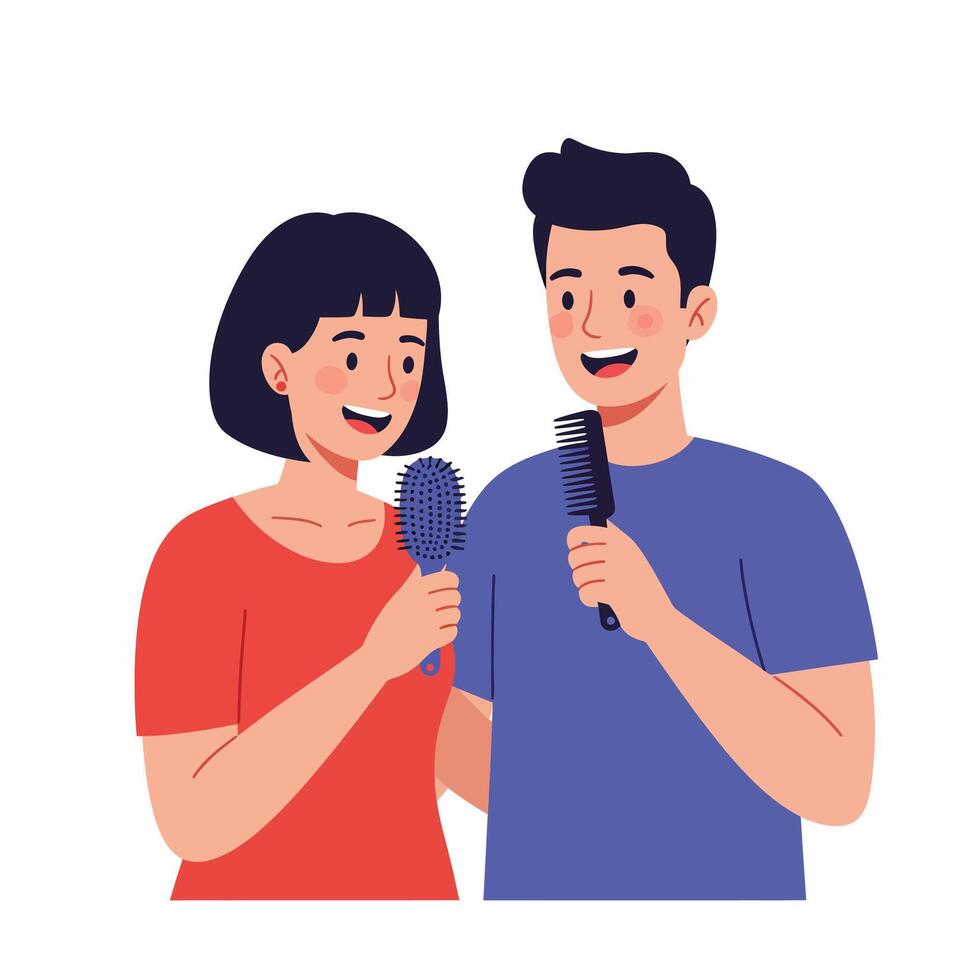 Engaging couple joyfully singing together with hairbrushes in a flat illustration vector