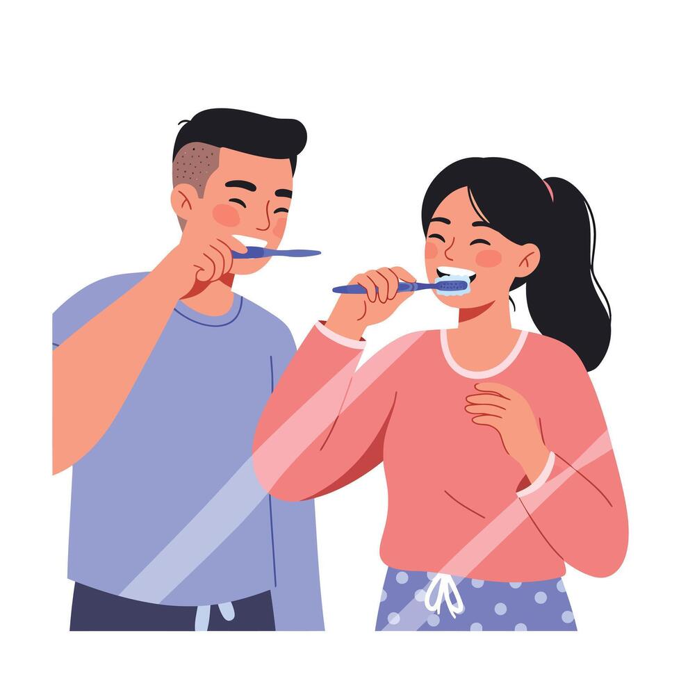 Couple Brushing Teeth Together in Bright Flat Style Art vector