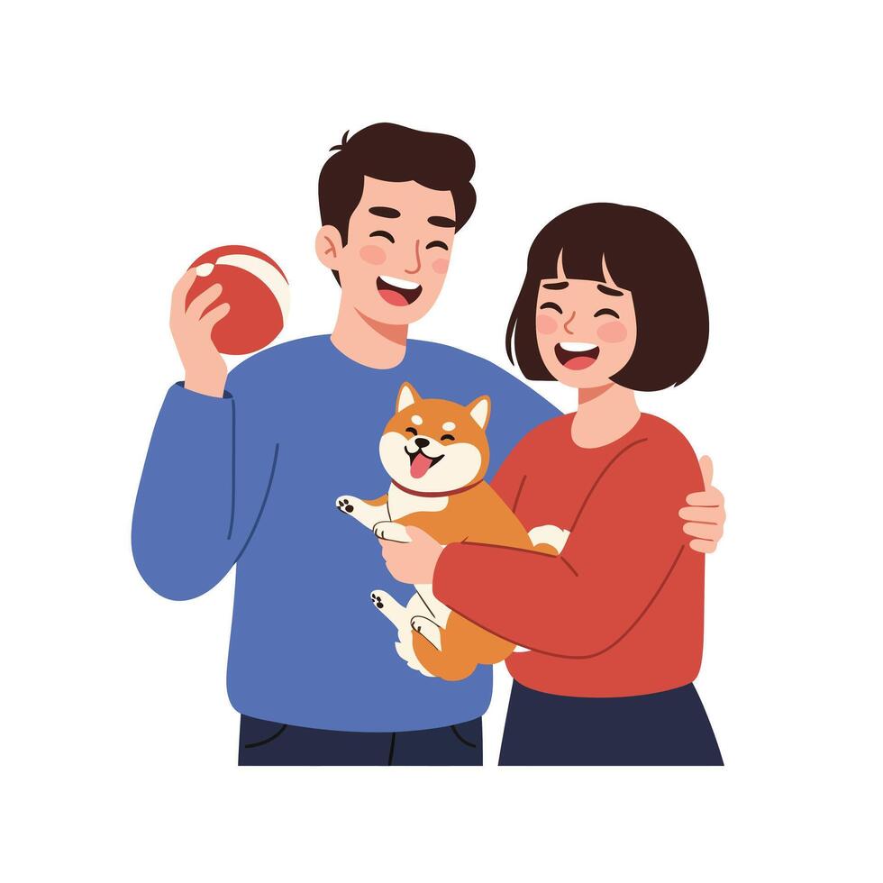 Happy couple playing with a dog in a colorful flat illustration vector