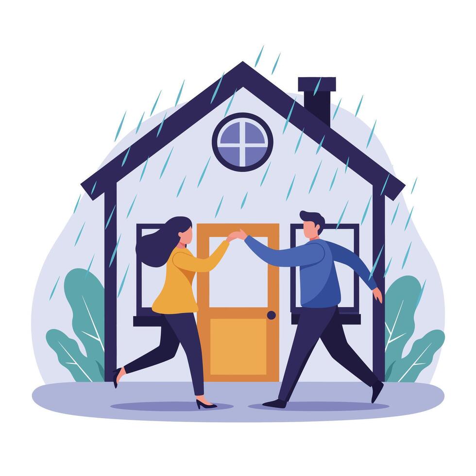 Couple running towards home in rain, flat design art vector