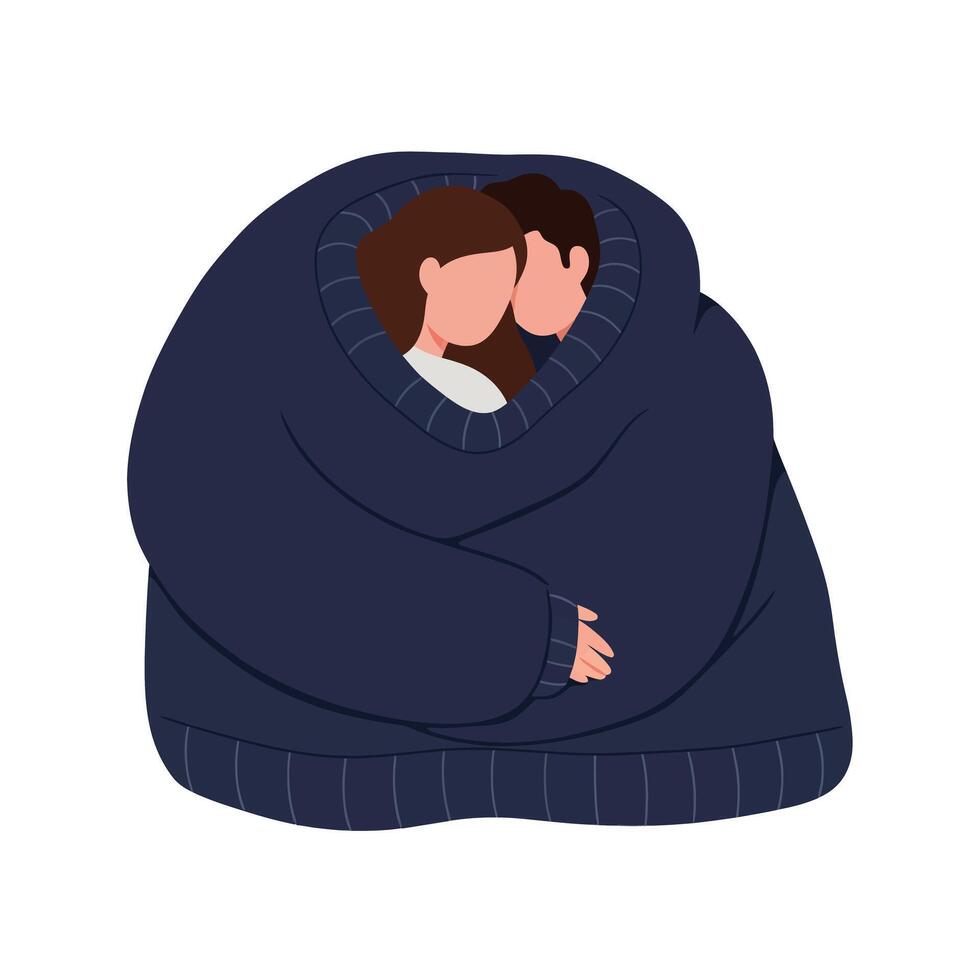 Cozy couple sharing warmth in oversized sweater flat art vector