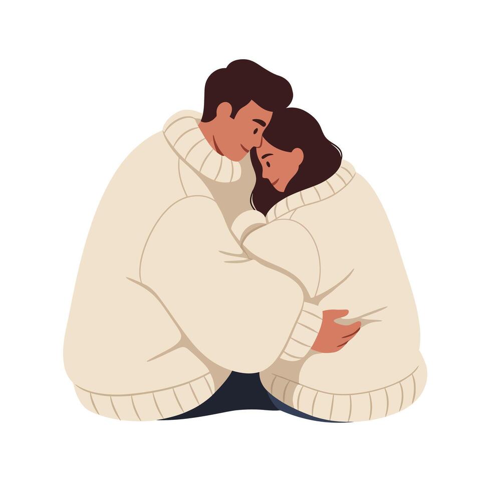 Couple embracing in oversized sweaters, minimal design, warm colors, illustration vector