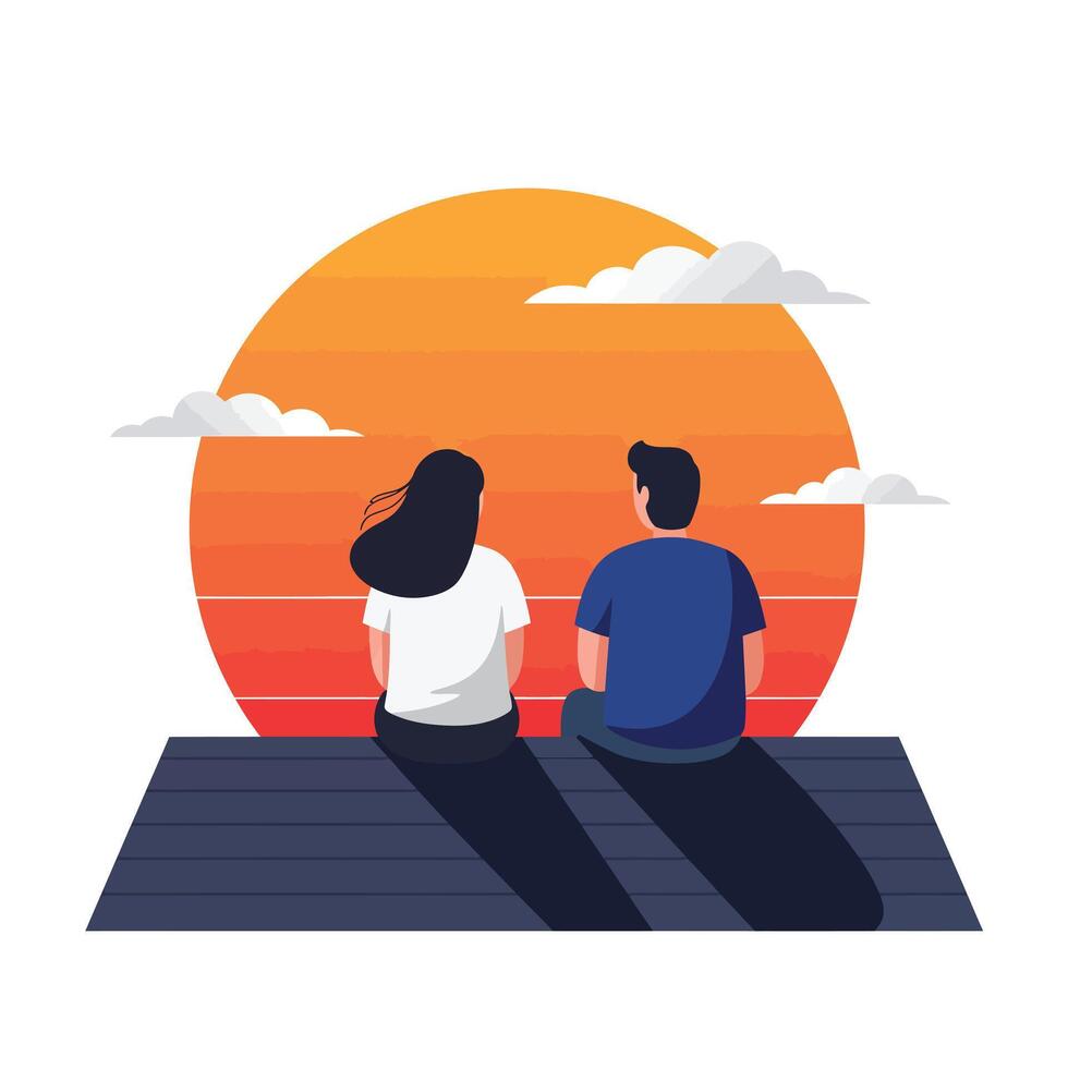 Couple enjoying sunset on dock with flat design style art vector