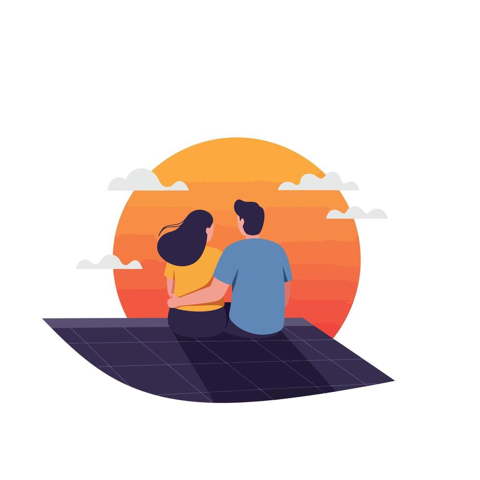 Couple enjoying sunset on solar panel in flat art vector