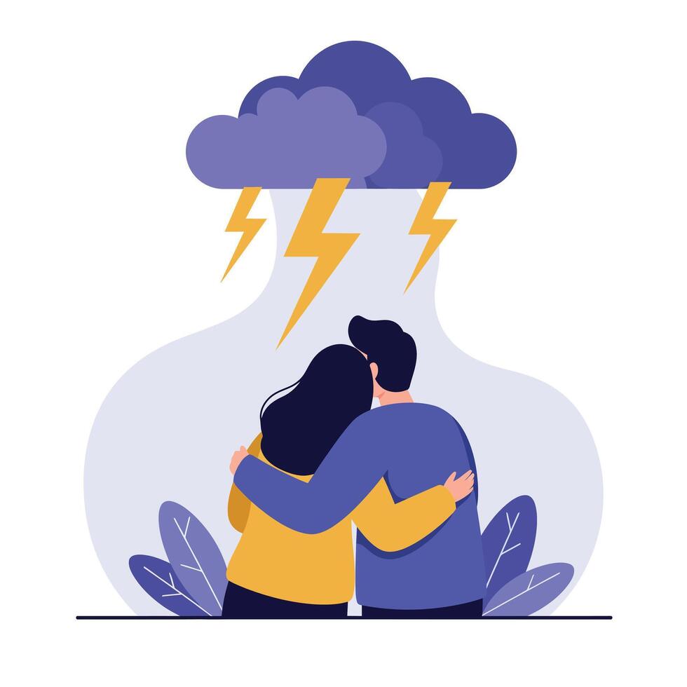 Couple embracing under stormy clouds in flat illustration vector