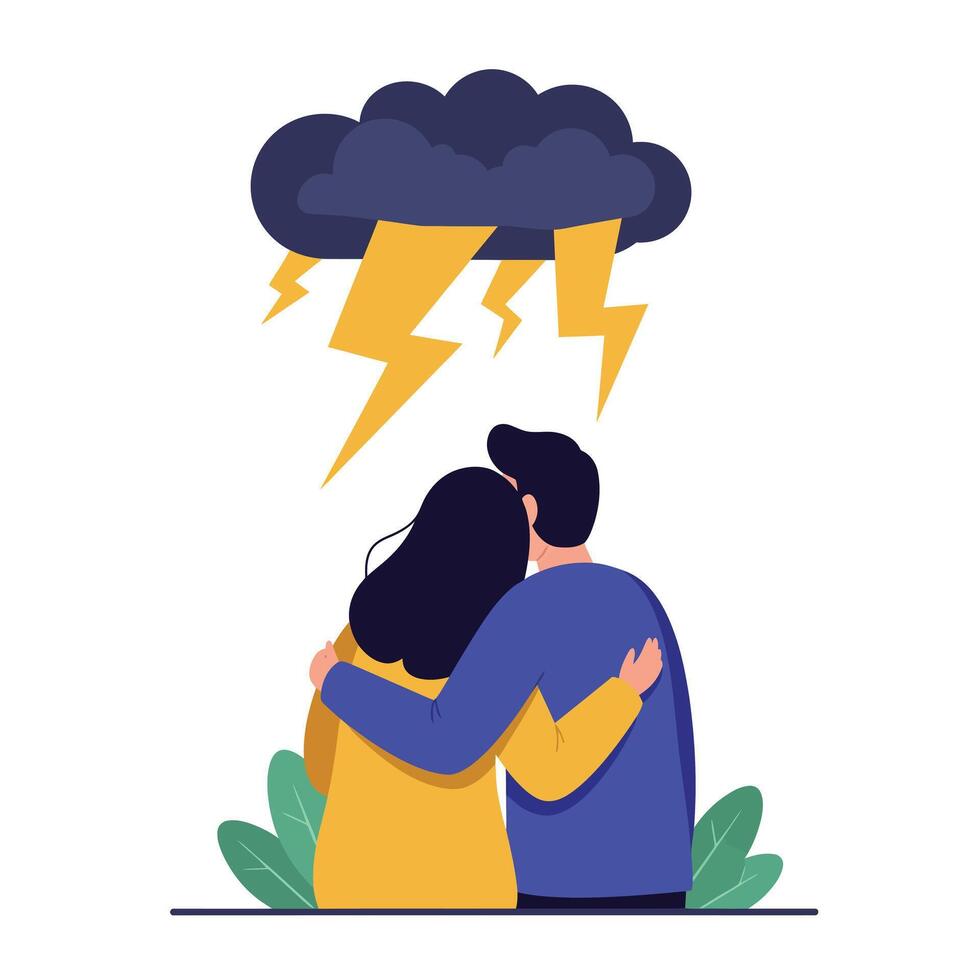 Couple embracing under stormy sky with lightning in flat art vector