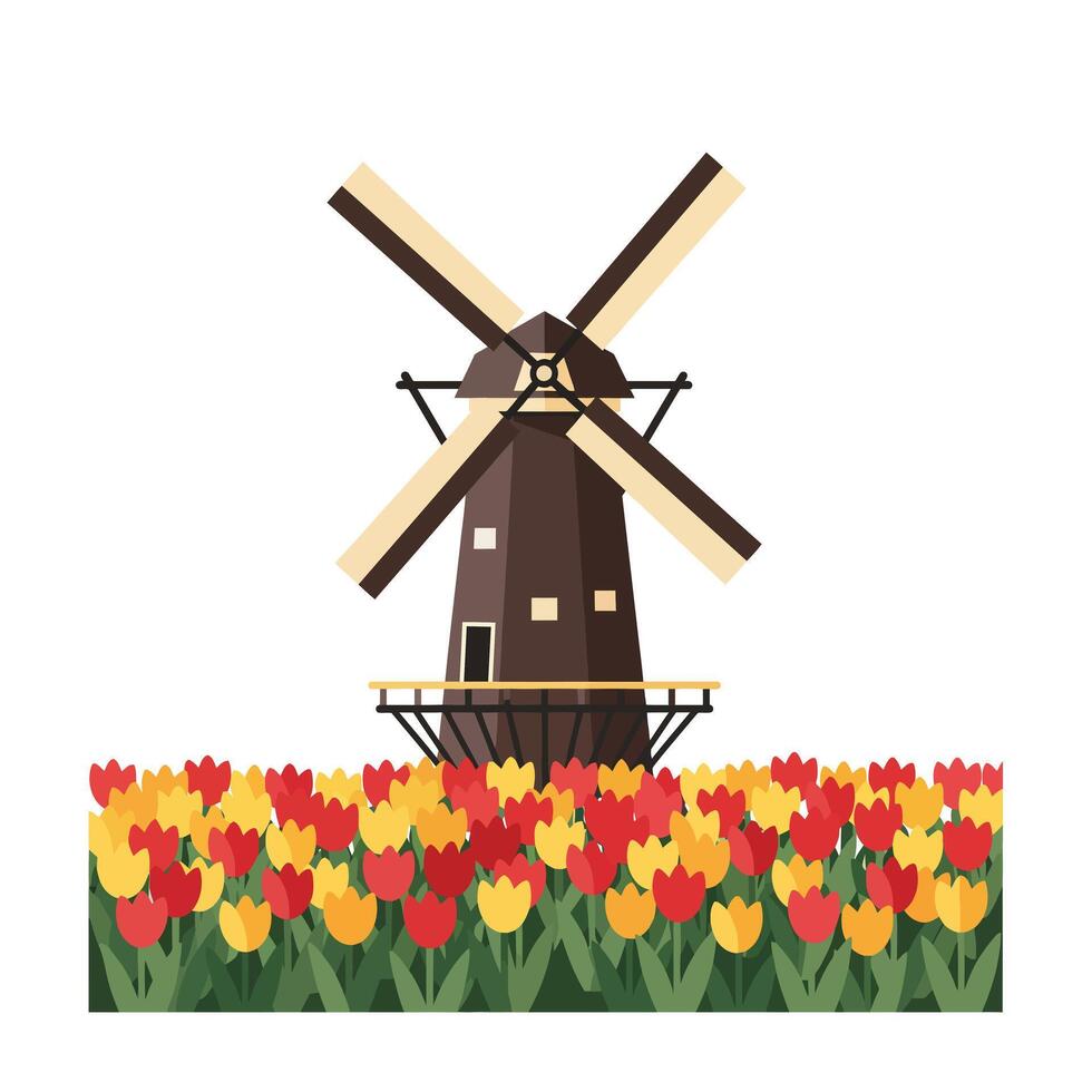 Windmill surrounded by colorful tulips in flat art style vector